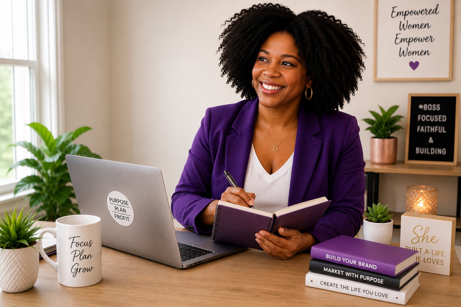 Woman entrepreneur writing business goals in a notebook while planning her startup in a bright home office.