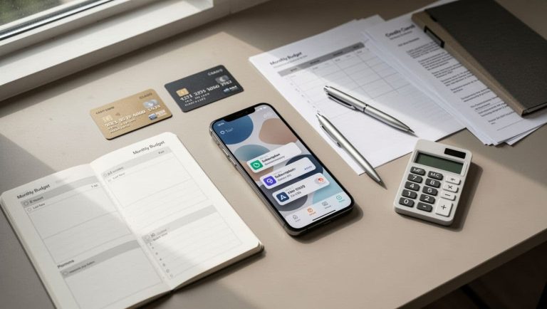 Budget planner, smartphone, calculator, and credit cards used to track subscriptions and monthly expenses.