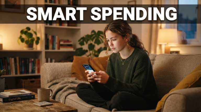 A focused teen looks at a smartphone in a cozy living room.
