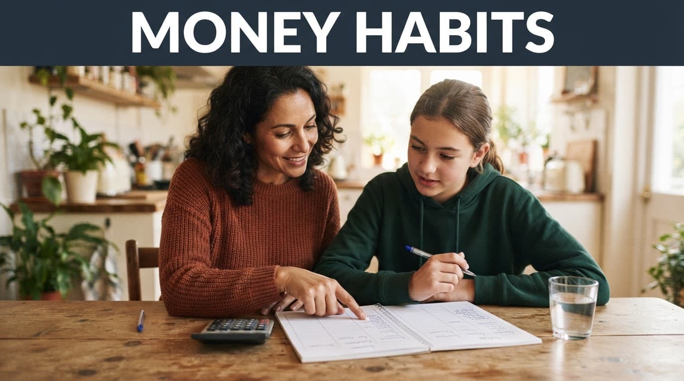 A parent and teenager review a budget planner together at a wooden kitchen table.