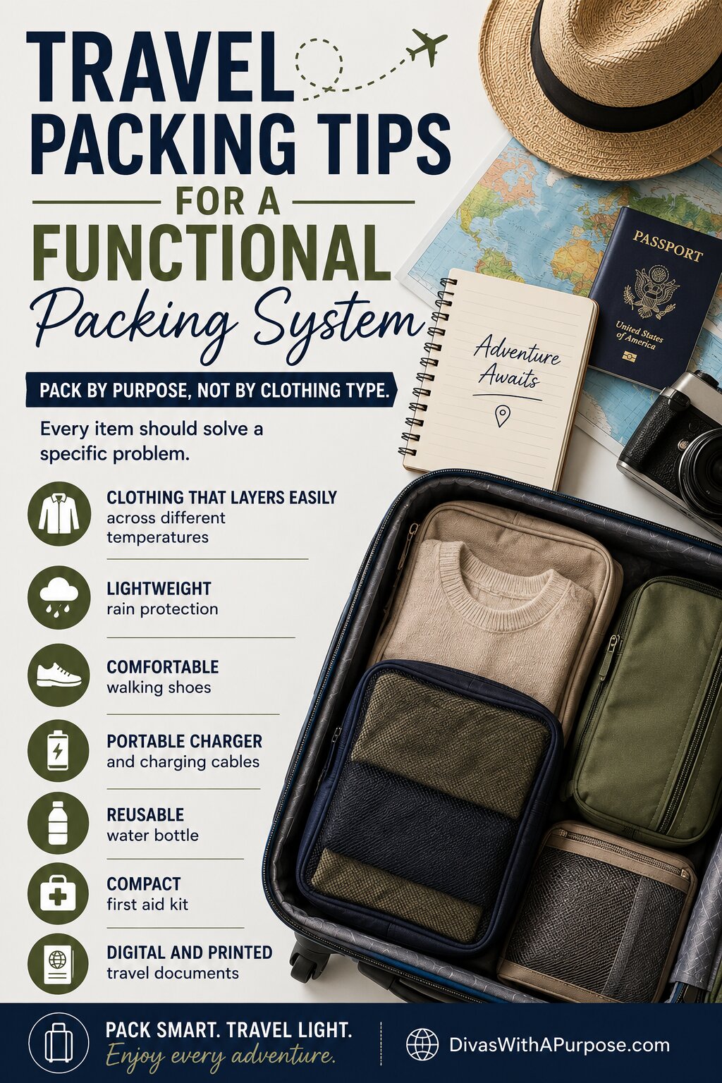 Pinterest graphic featuring practical travel packing tips, including a packing checklist, organized suitcase, travel essentials, and the website DivasWithAPurpose.com.