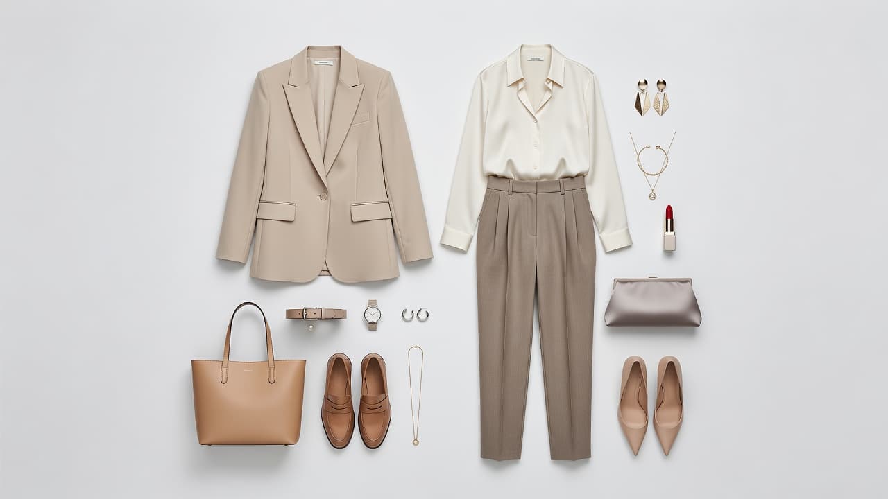 Neutral women's outfit with a blazer, trousers, accessories, loafers, heels, tote bag, and clutch arranged in a flat lay.