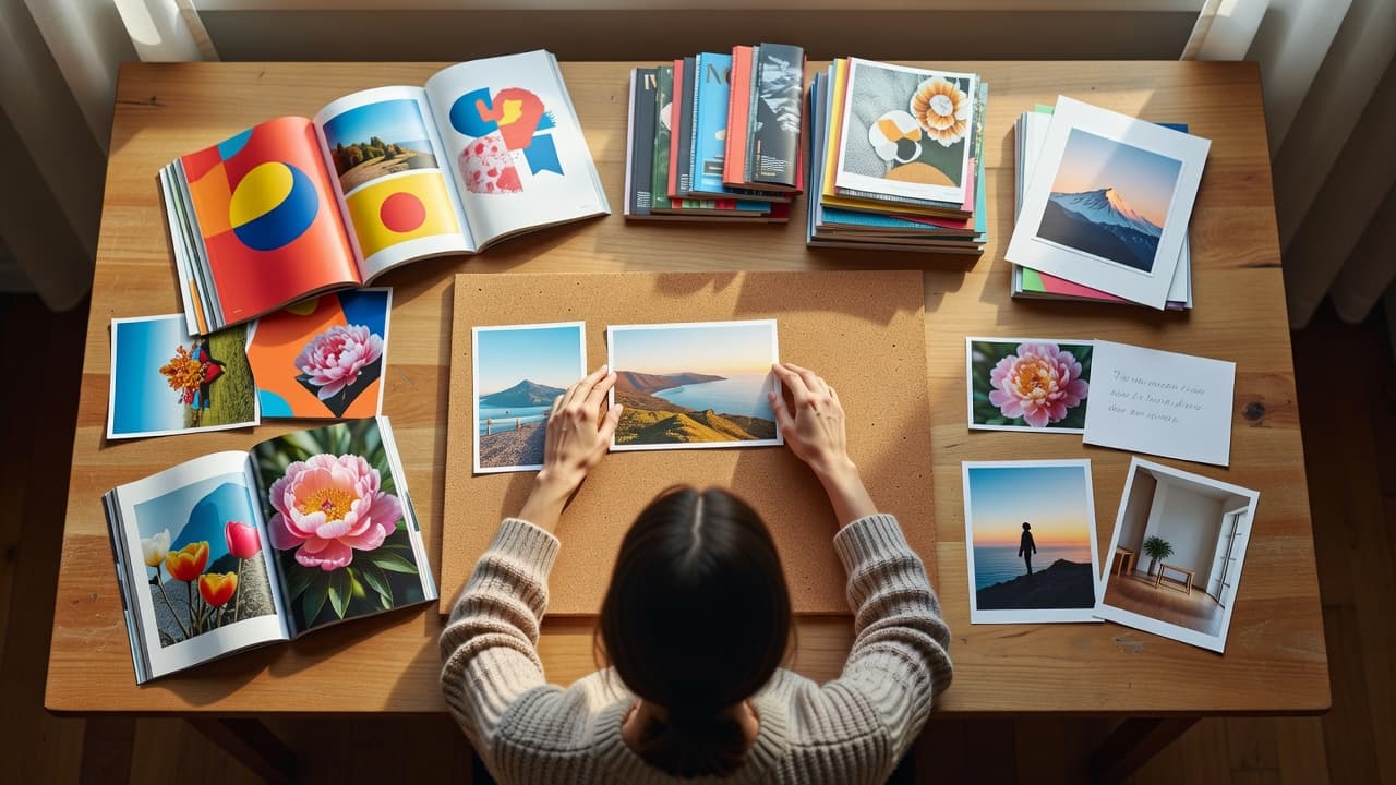 A woman arranges photos and magazines on a wooden desk to create a vision board.