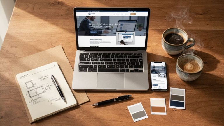 Laptop displaying a business website alongside branding materials, design notes, and color palette samples on a workspace.