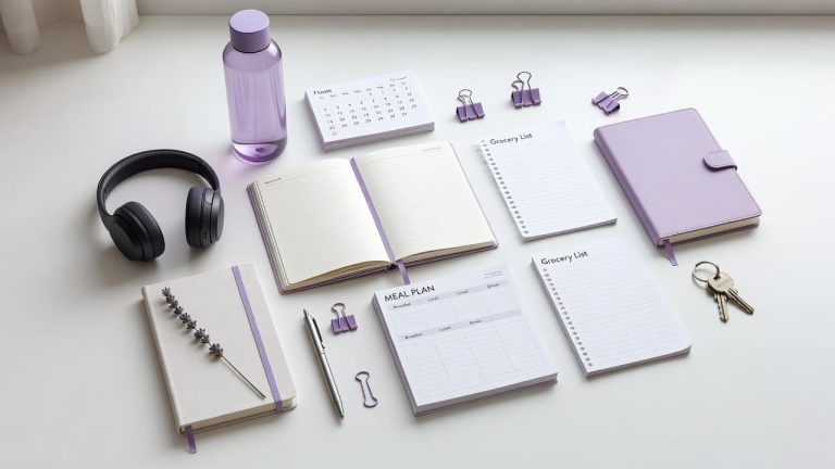 Planner, notebook, grocery list, meal planner, headphones, water bottle, and other weekly planning essentials arranged neatly on a table.