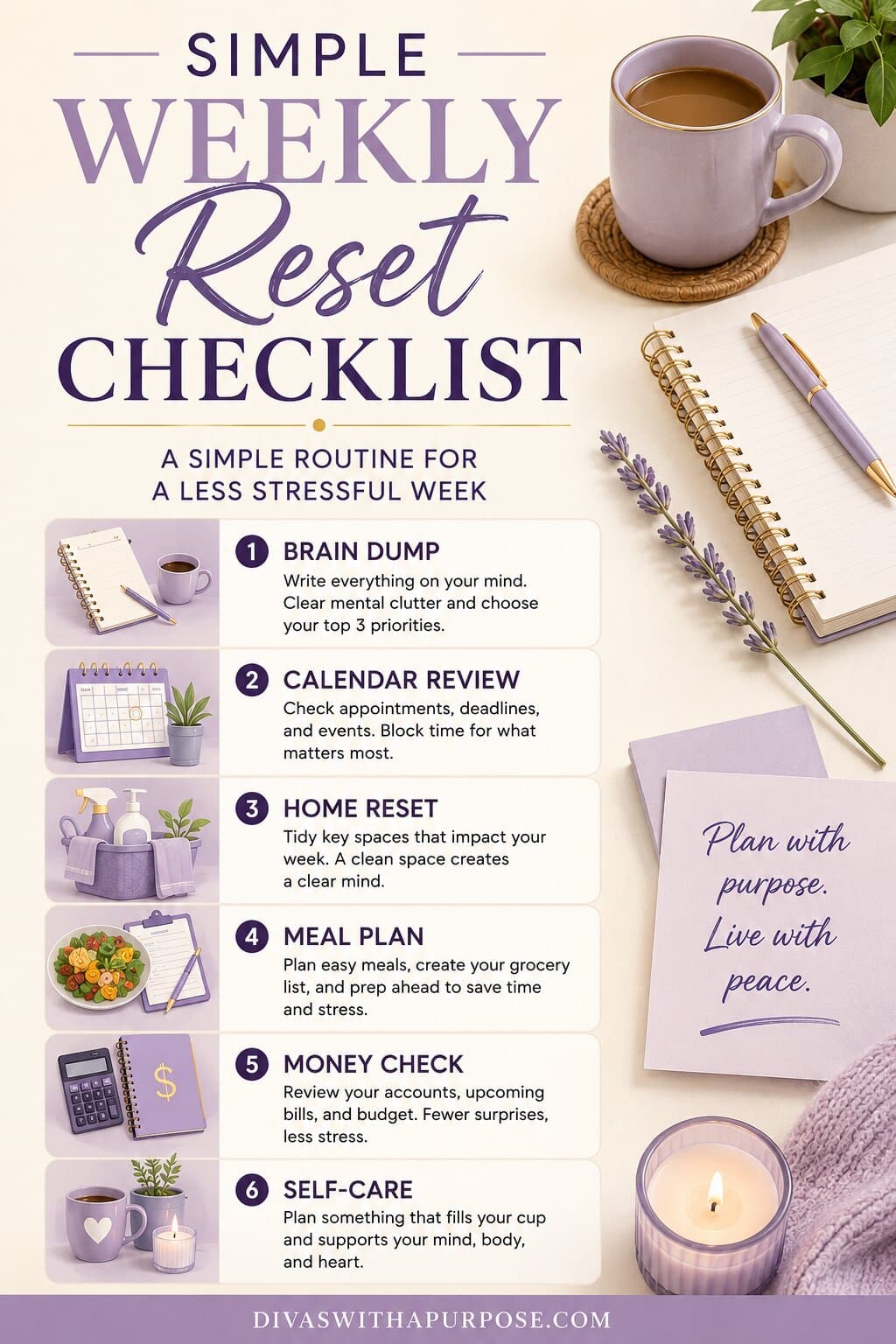 Infographic showing a simple weekly reset routine checklist with six steps: brain dump, calendar review, home reset, meal planning, money check, and self-care.