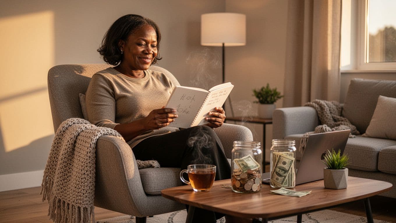 Black woman relaxing at home with a notebook, tea, and emergency savings jars on a coffee table.