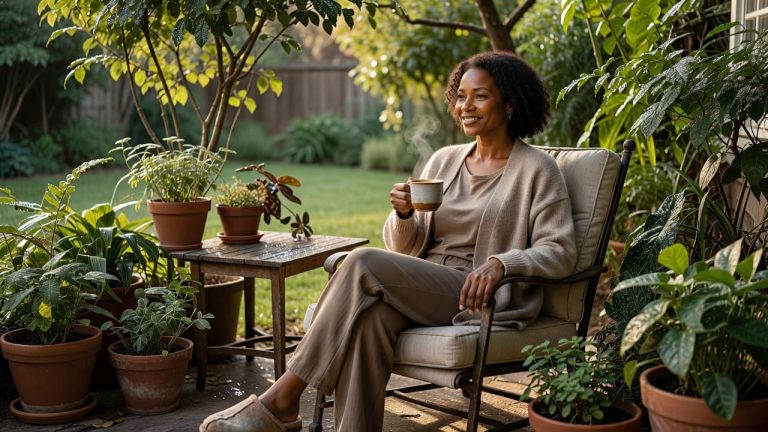 Woman enjoying her morning coffee on a backyard patio as part of a daily habit to spend more time outside.
