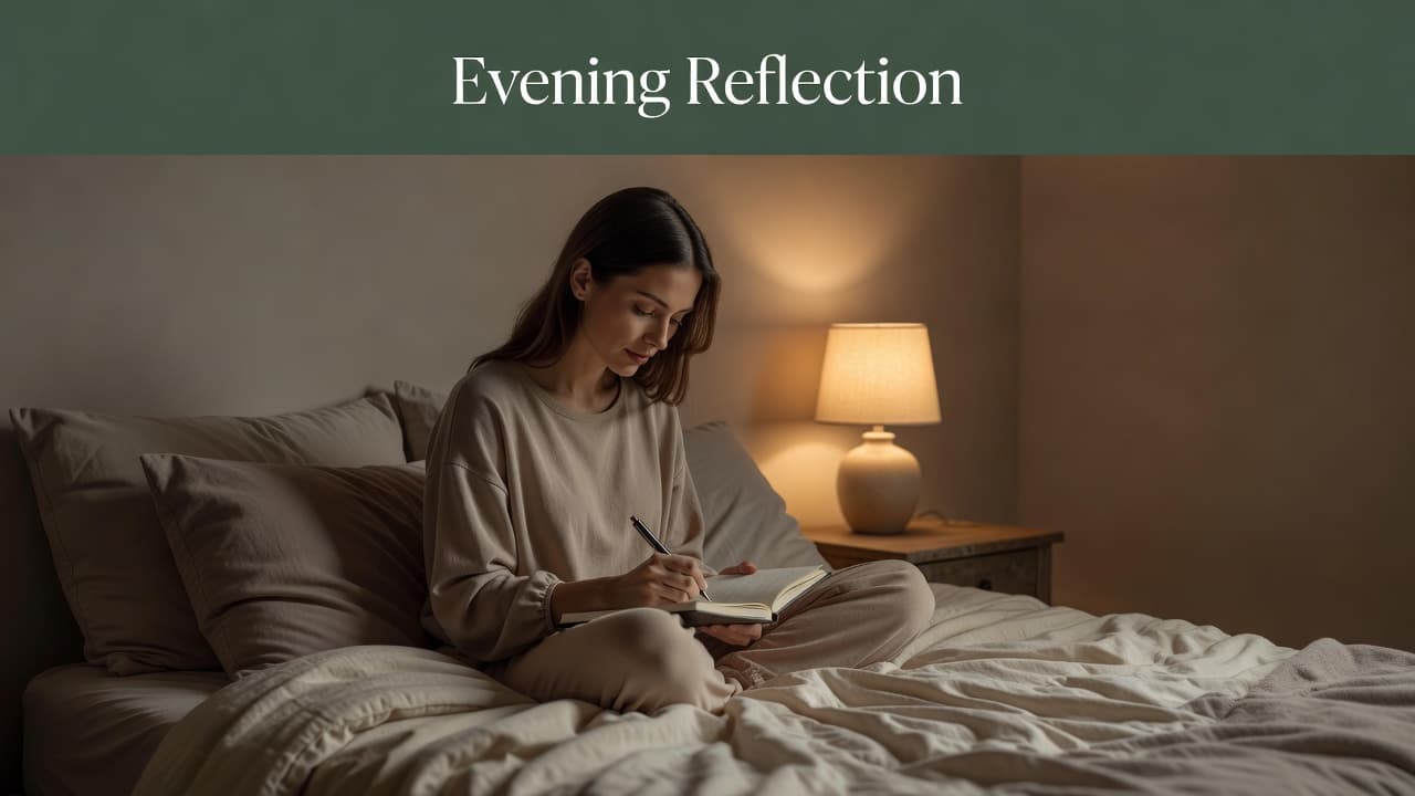 A woman writes in her journal while sitting on a comfortable bed under warm lamplight.