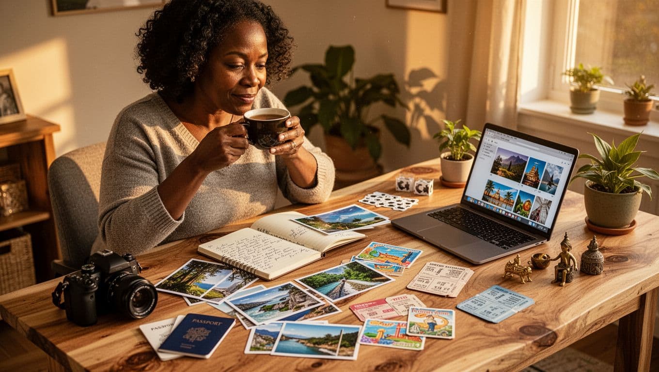 Woman organizing travel photos, postcards, and a journal while creating a travel keepsake.