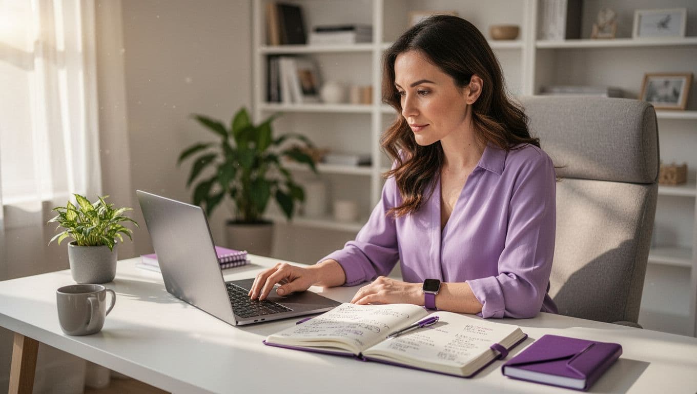 Woman using online banking on her laptop while reviewing a budget notebook at home.
