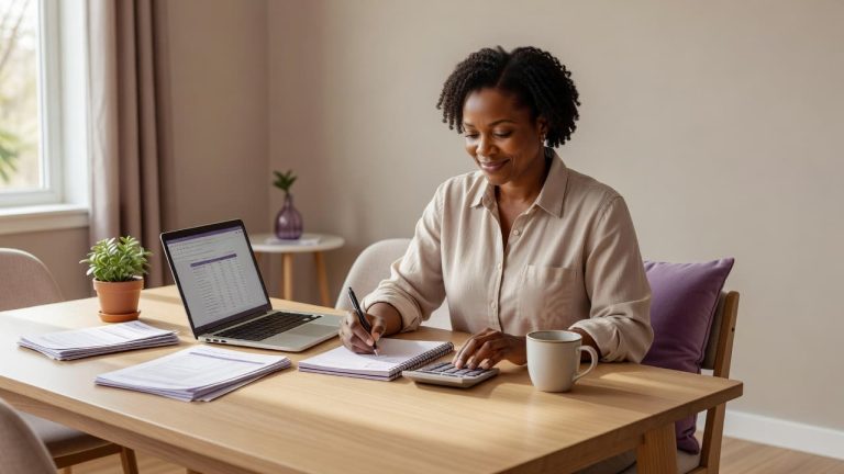 Single mother creating a monthly budget at home with a calculator, laptop, and financial documents.