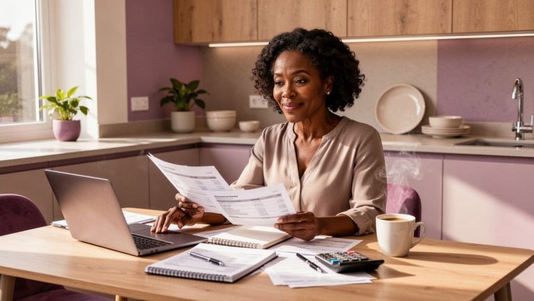Black woman reviewing financial documents and a credit report at her kitchen table with a laptop, notebook, calculator, and coffee.