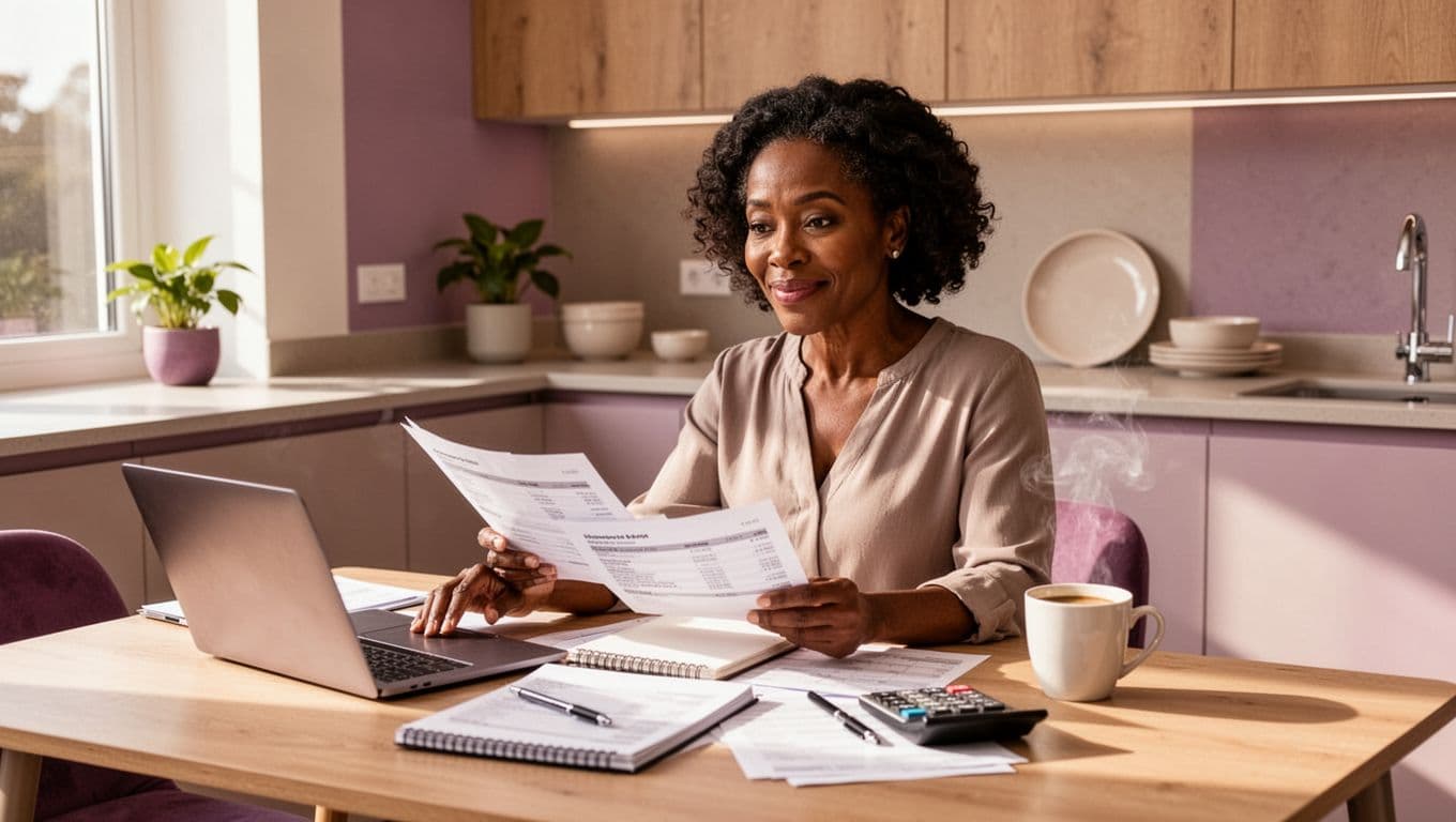 Black woman reviewing financial documents and a credit report at her kitchen table with a laptop, notebook, calculator, and coffee.
