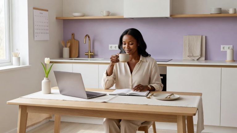 Woman reviewing her planner and calendar while enjoying coffee during a quiet morning planning session.