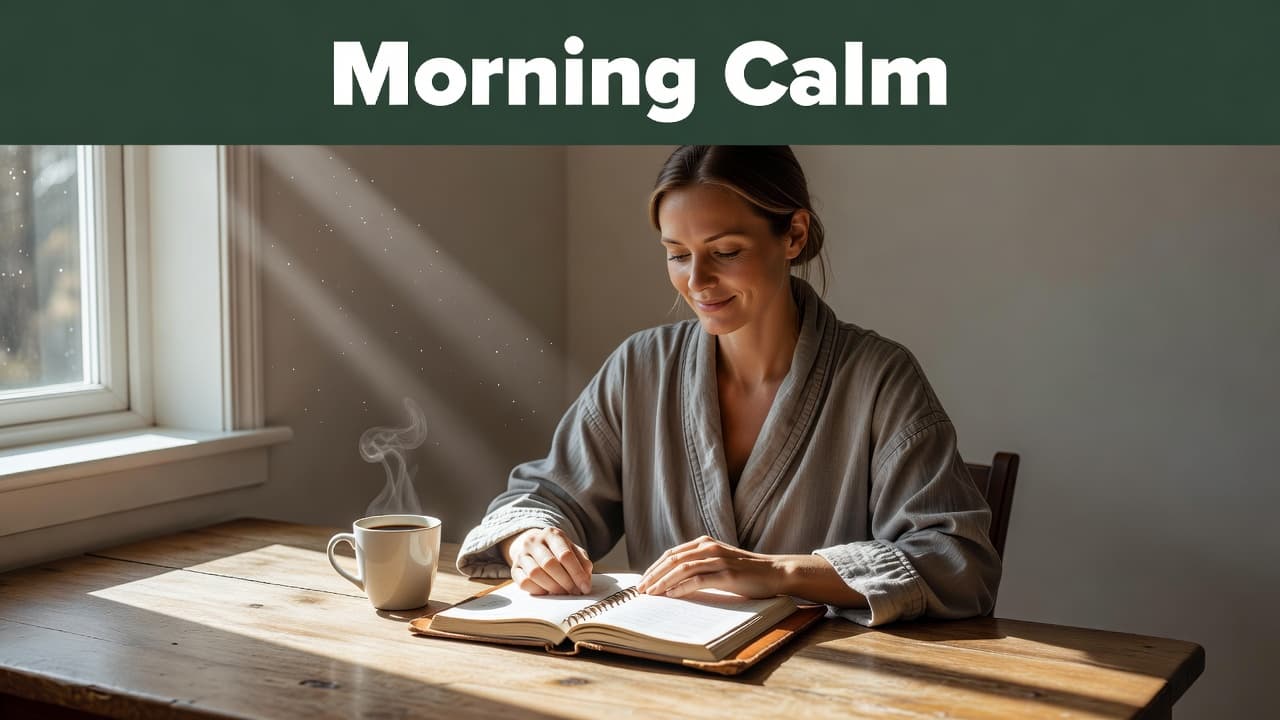 A woman sits at a wooden table, carefully writing in her planner beside a steaming cup of coffee. Warm sunlight filters through a nearby window, illuminating her focused workspace and peaceful setting.