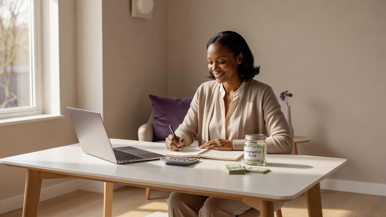Black woman creating a savings plan at her table with a laptop, notebook, calculator, and an emergency fund savings jar.