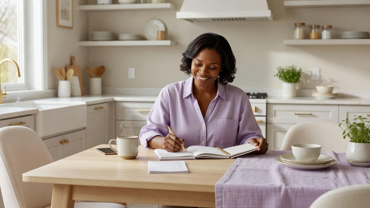 Woman planning her weekly reset routine with a planner and coffee at her kitchen table.
