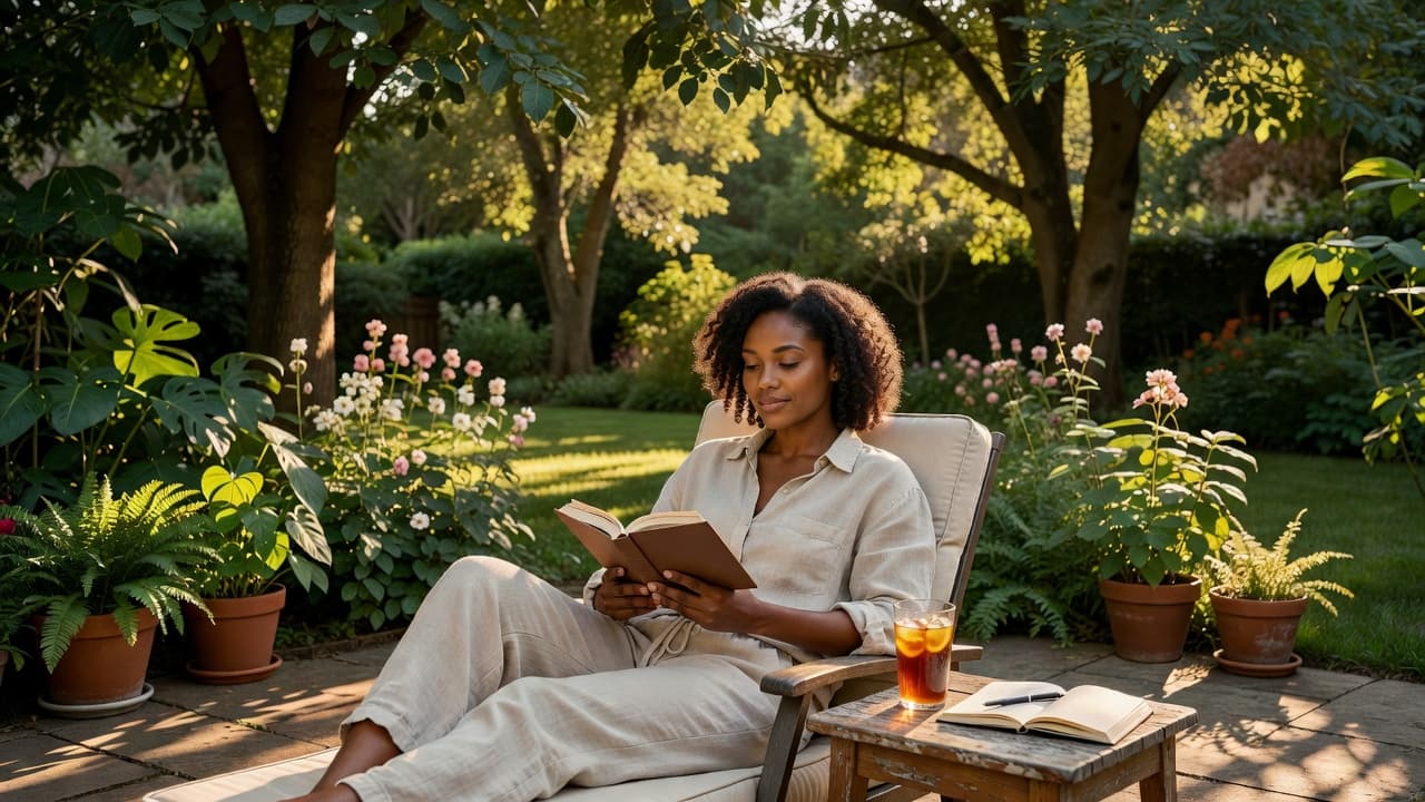 Woman reading a book in her backyard while spending more time outside and enjoying a relaxing afternoon.