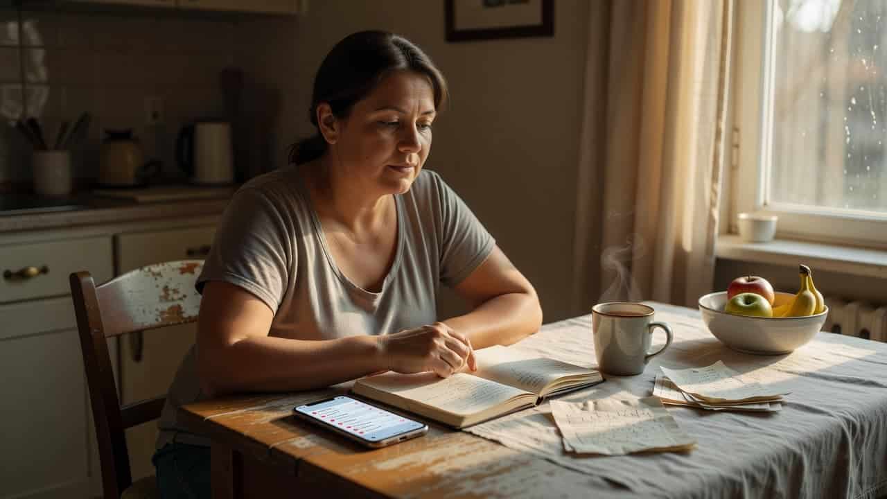 Woman sitting at a kitchen table reflecting in her journal while unread messages on her phone symbolize overwhelm.