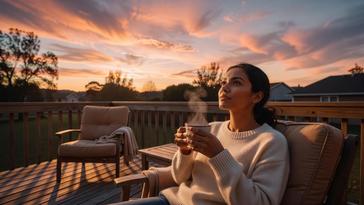 Woman relaxing on her backyard deck with a warm drink while watching the sunset and spending more time outside.