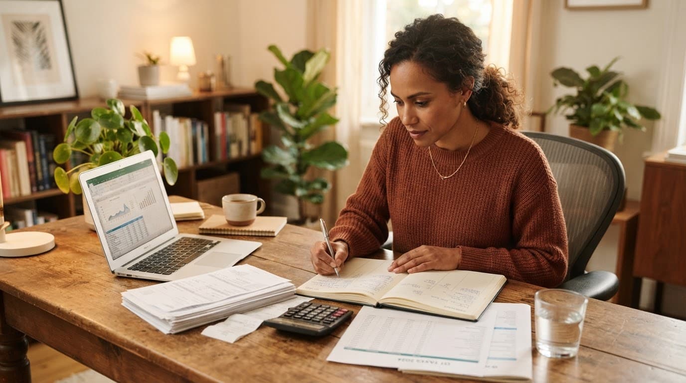 A woman working on tax documents and finances at a wooden desk with a laptop.