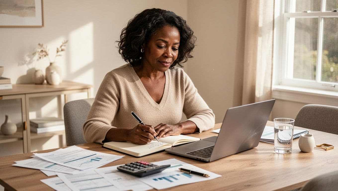 Black woman writing financial notes while reviewing documents and working on a laptop at her dining table.