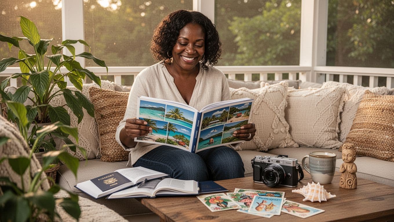 Woman looking through a travel photo book while reflecting on memorable vacation experiences at home.