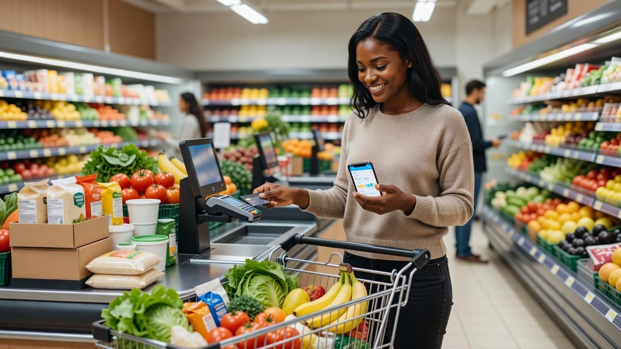 Black woman paying for groceries while checking her budget on her smartphone at the checkout.