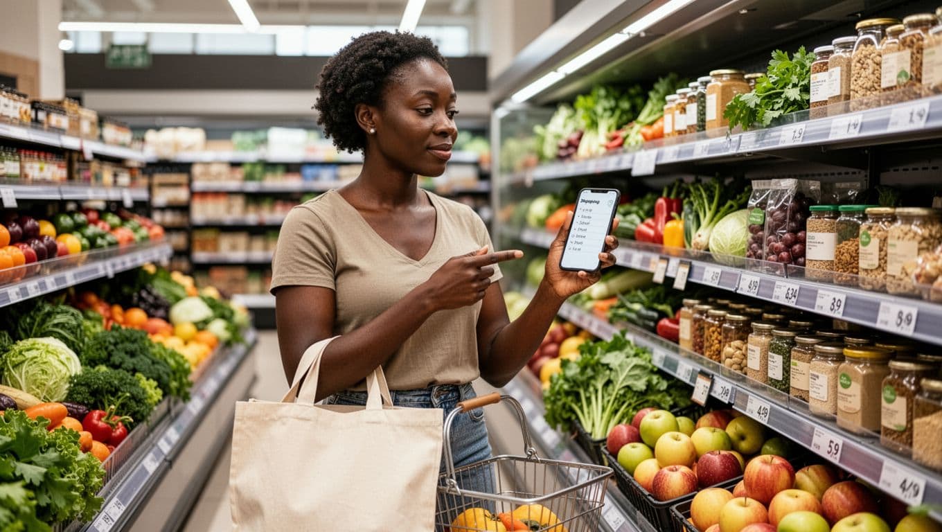 Black woman comparing grocery prices with a shopping list on her phone while grocery shopping.