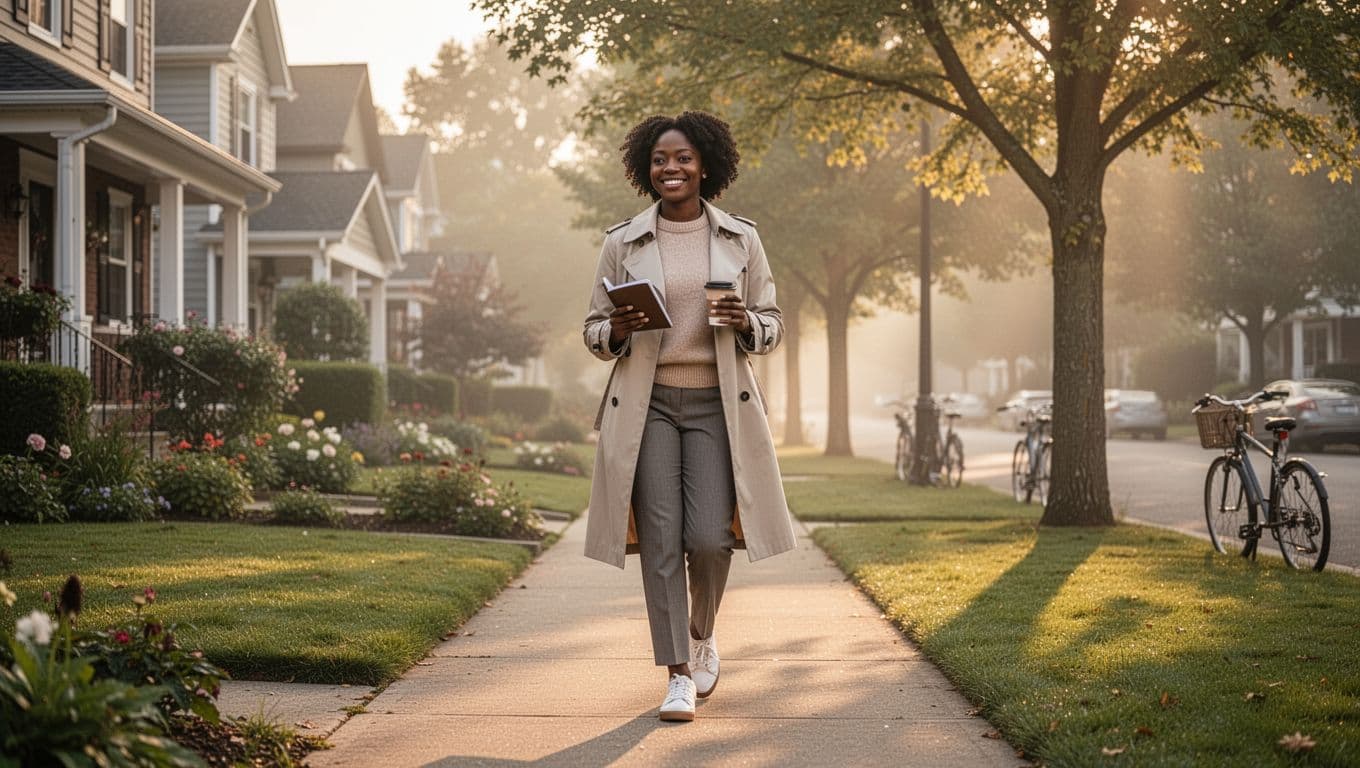 Black woman walking through a quiet neighborhood carrying a notebook and coffee during the early morning.