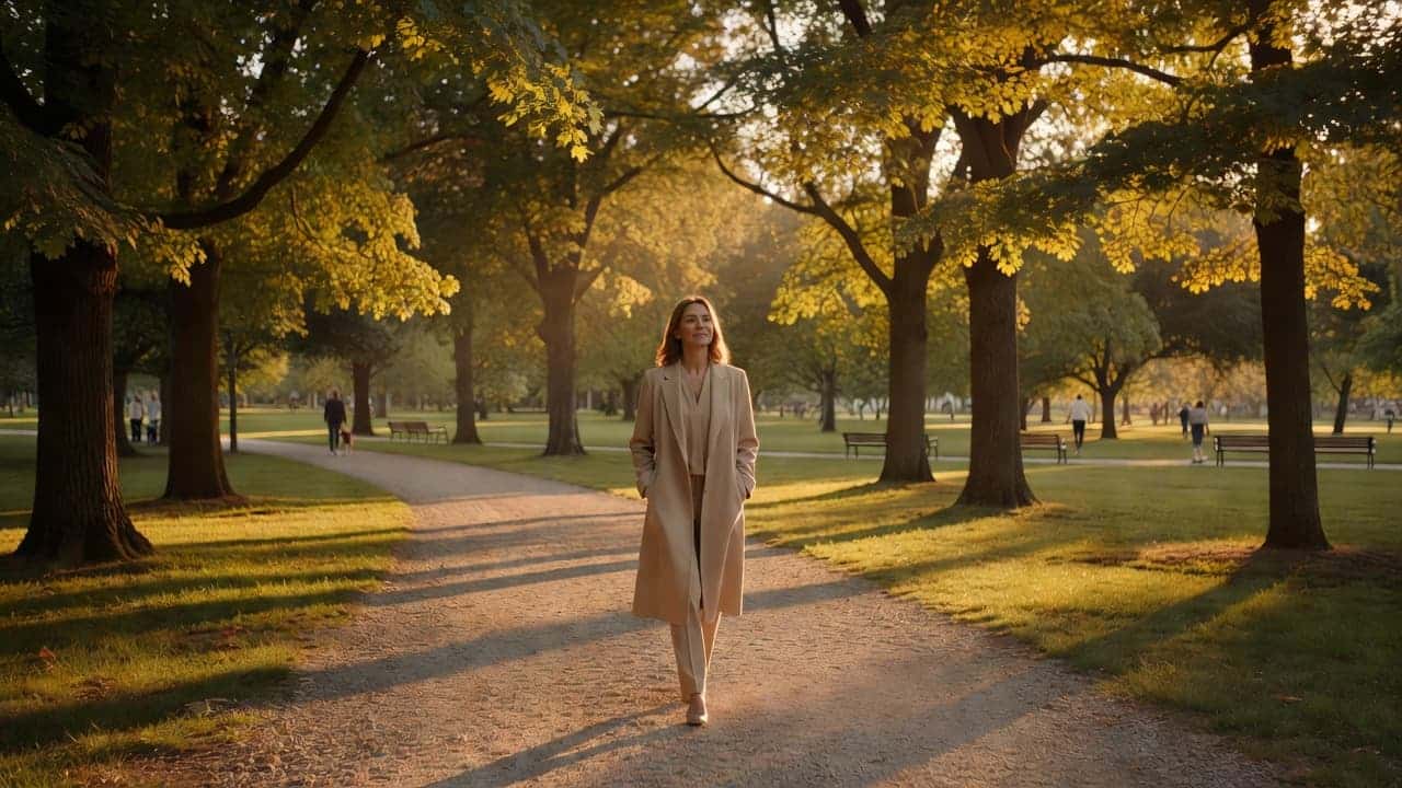 Woman walking peacefully through a park after making time for herself.