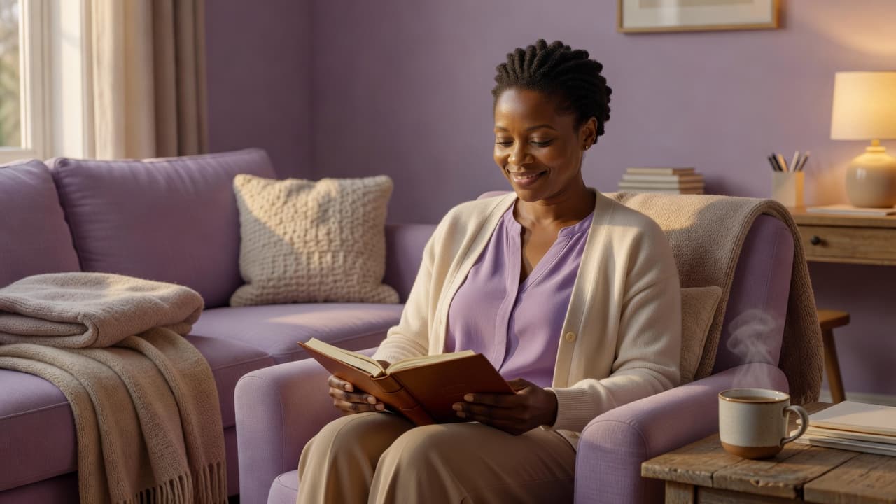 Woman relaxing in a comfortable chair with a book after completing her weekly reset routine.