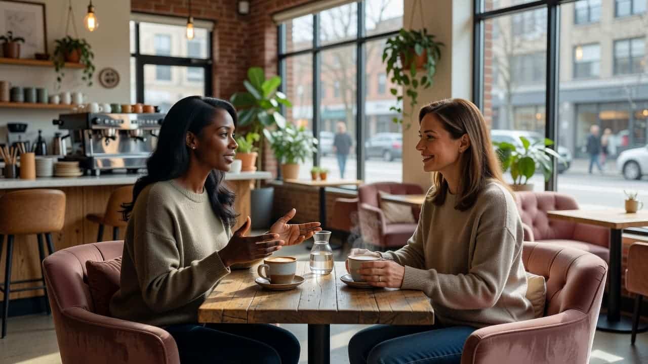 Two women having a respectful conversation over coffee in a welcoming café.