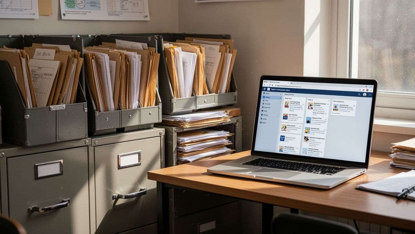 Paper academic records stored beside a laptop displaying a digital records archive
