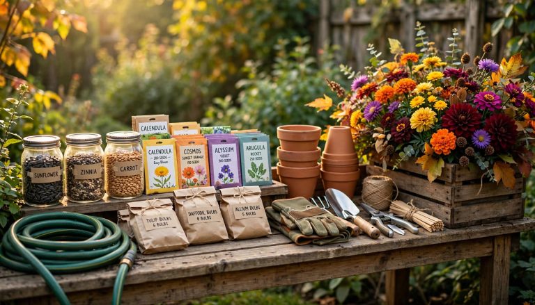 Labeled seed jars, seed packets, bulb bags, clean tools, and colorful fall flowers on a garden potting bench.