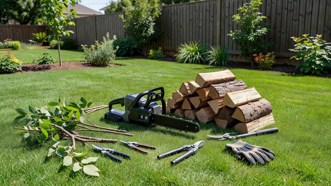 Battery chainsaw beside stacked firewood and trimmed branches in a backyard.
