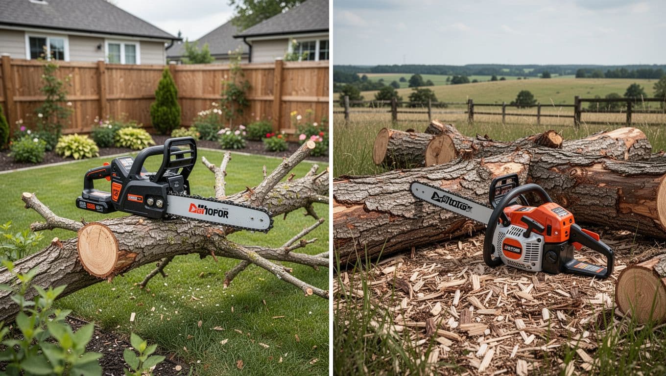 Battery chainsaw for residential yard work compared with a petrol chainsaw for larger property maintenance.