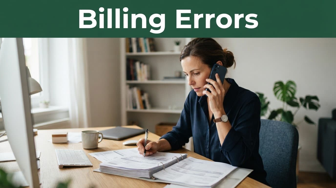 A person reviews medical billing papers while holding a phone at a desk.