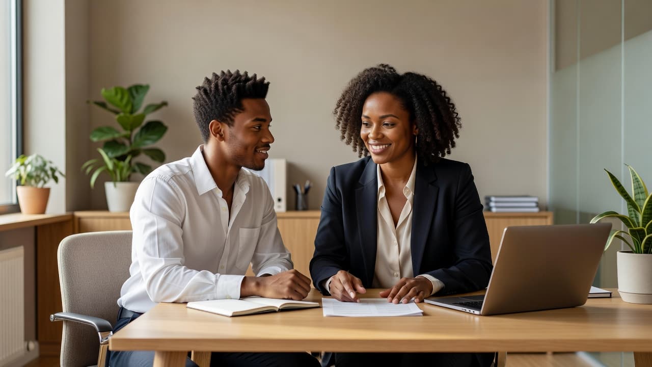 Business owner discussing professional development with an employee in an office