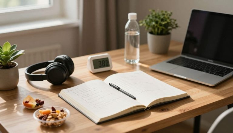 Calm study desk with notebook, headphones, timer, water, snack, and laptop