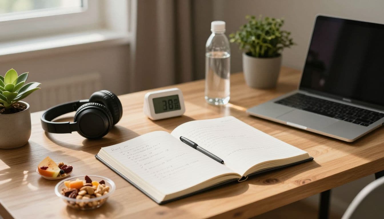 Calm study desk with notebook, headphones, timer, water, snack, and laptop