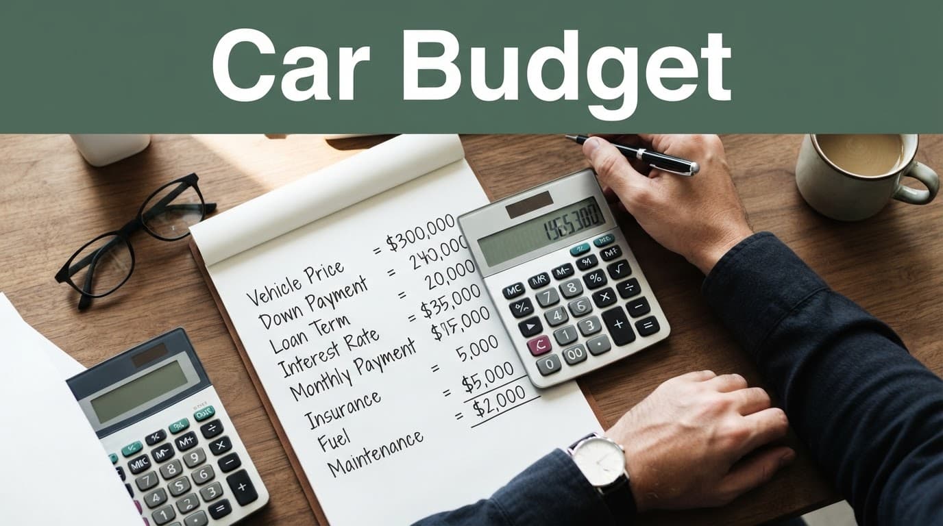 A calculator and financial notes on a desk beneath a Car Budget banner.