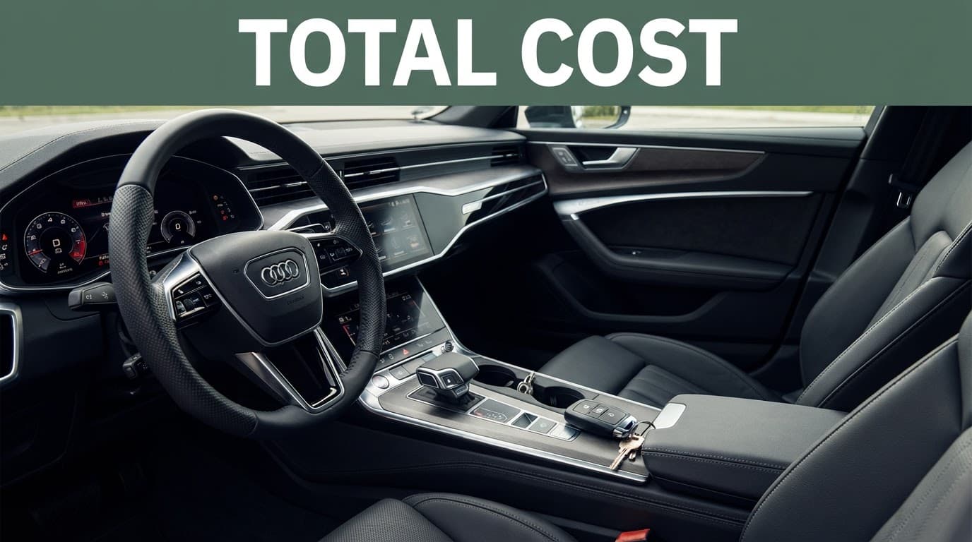 Car keys on the center console beside a steering wheel under a green Total Cost banner.