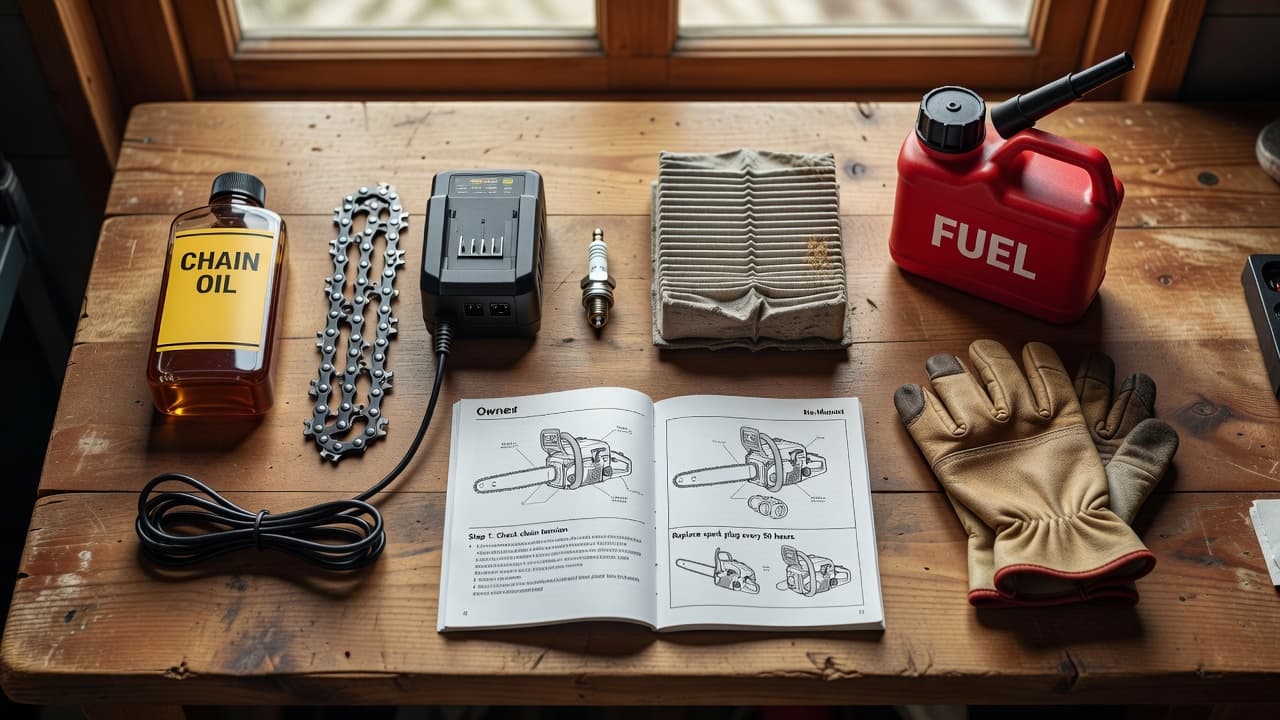 Chainsaw maintenance supplies including chain oil, battery charger, spark plug, and replacement chain.