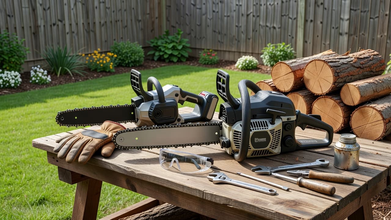 Battery chainsaw and petrol chainsaw displayed side by side on a workbench for comparison.
