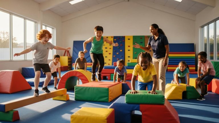 Diverse group of children enjoying an indoor obstacle course during an active youth program
