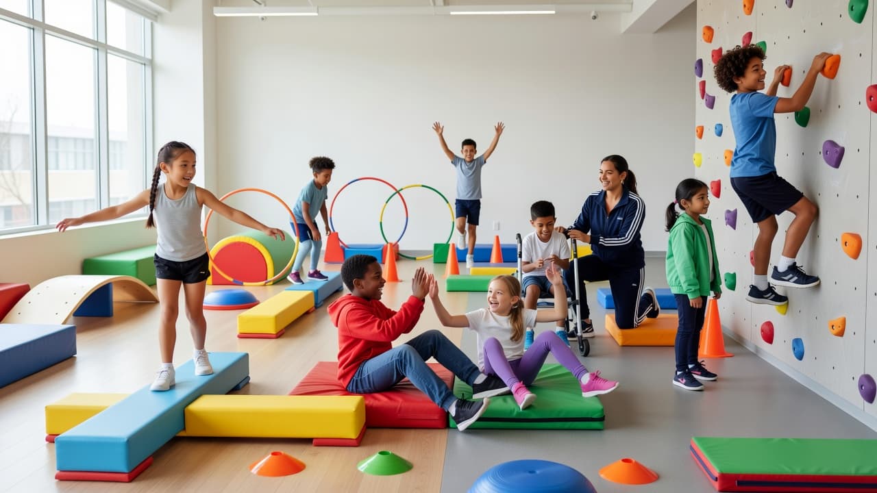 Diverse children exploring climbing, balancing, and movement activities in a youth recreation class