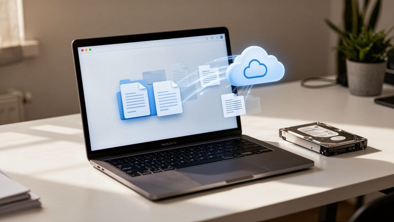 Laptop transferring digital documents to secure cloud storage with a backup drive nearby