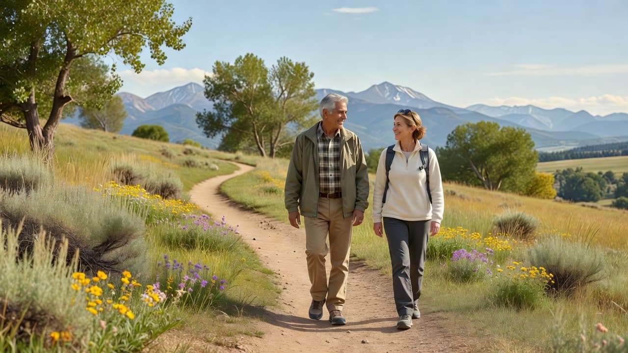 Retired couple walking together outdoors with Colorado mountains in the background